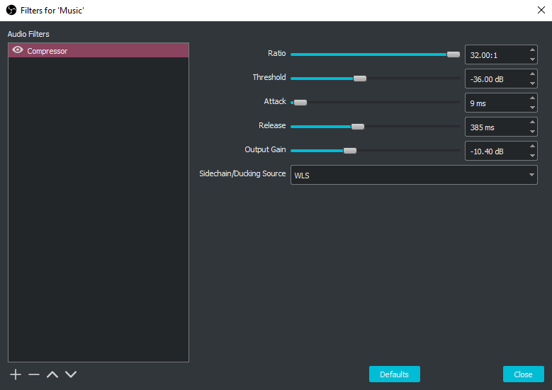 A screenshot of the settings I use for audio ducking in OBS