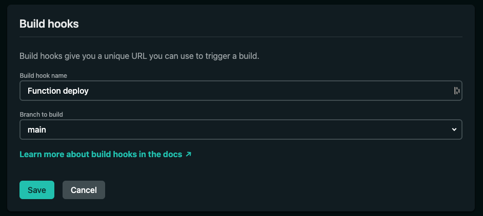 A screenshot showing adding a new build hook named Function deploy.