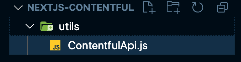 Screenshot of ContentfulApi.js file created inside a utils directory in VSCode