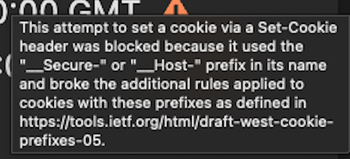 This attempt to set a cookie via a Set-Cookie header was blocked because it used the 