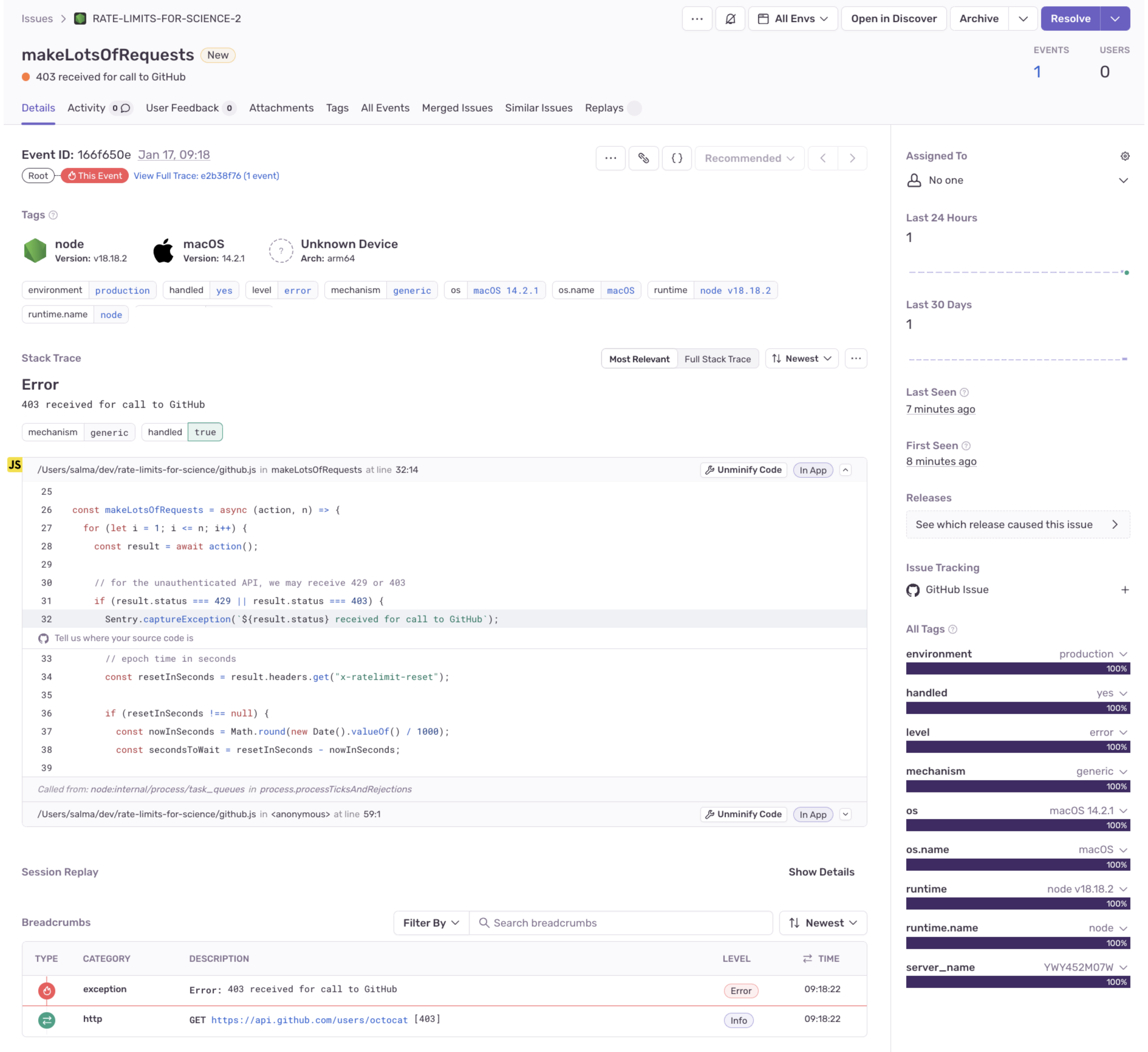 A thrown exception shown in Sentry, highlighting an HTTP 403 status received from the GitHub API