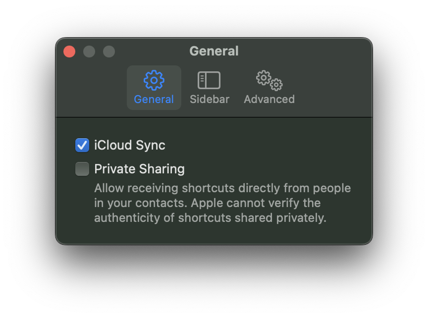 Apple shortcut settings window, showing iCloud sync checked.