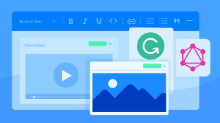 An illustration of web browser windows, the GraphQL logo, the Grammarly logo and a video embed representation.