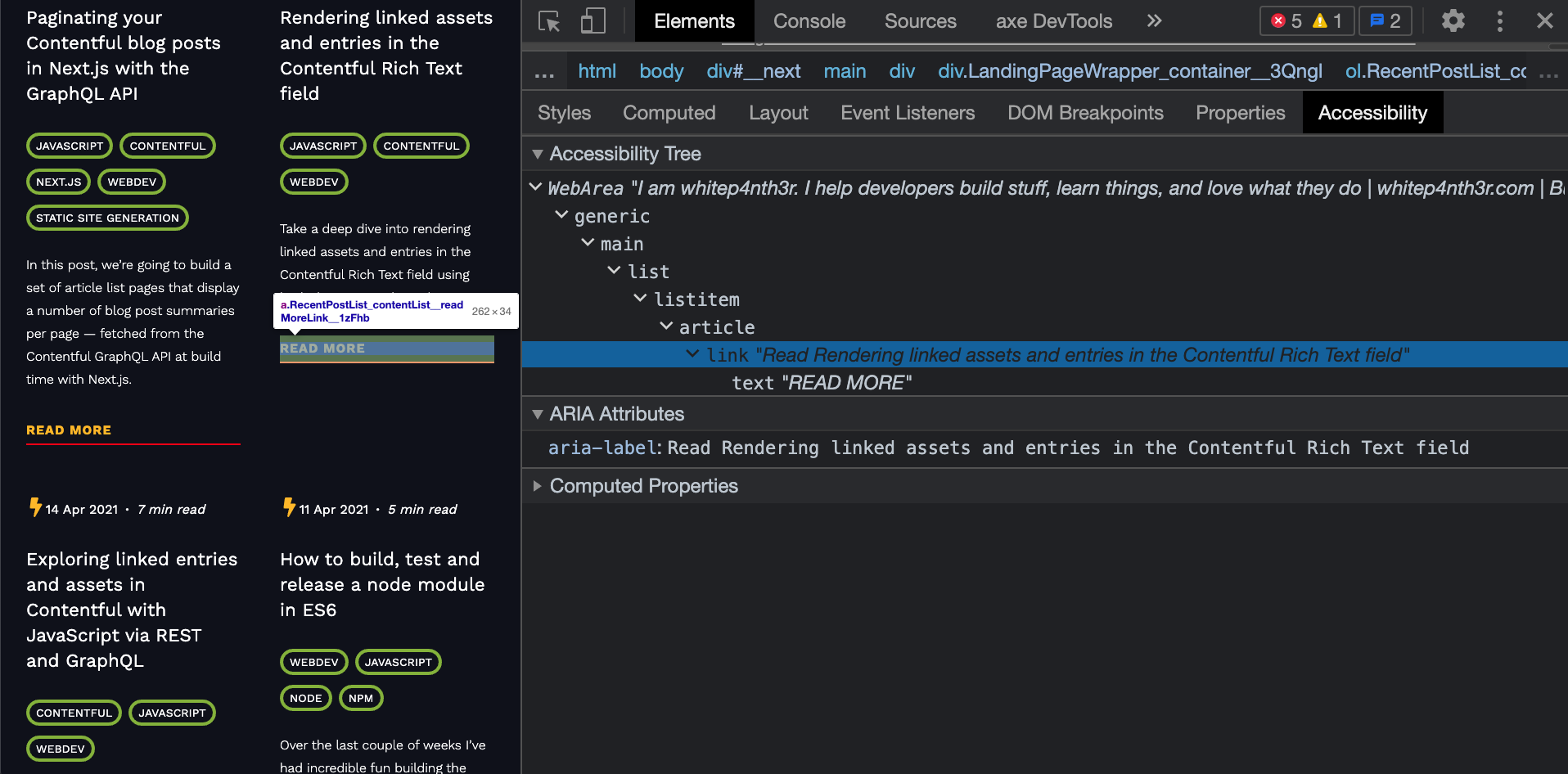 A screenshot of my website, showing that when adding aria-labels to the links, the accessibility tree has better context of the onward journey.