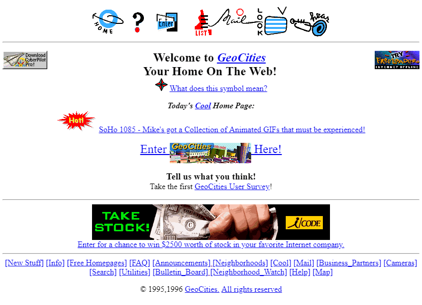The geocities home page in 1995 featuring lots of exciting images, centre aligned content and blue links.