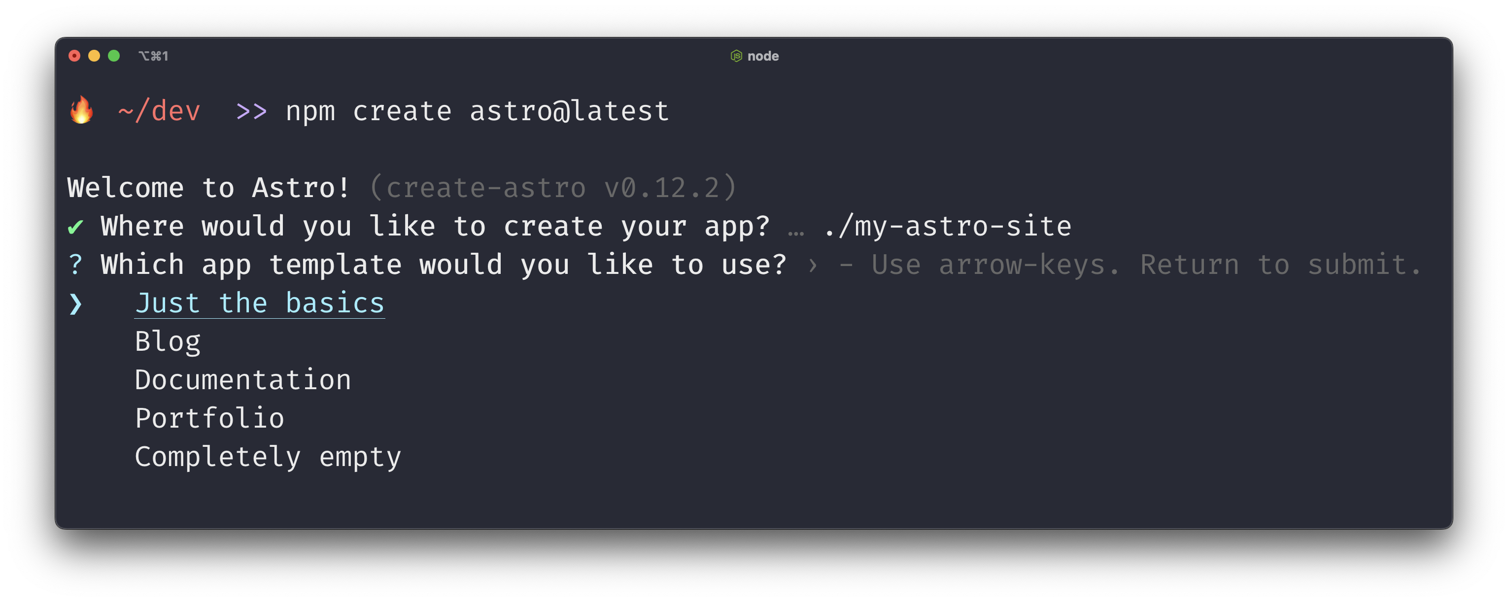 A terminal showing that npm create astro@latest has been run. The cursor has selected the template named Just the basics