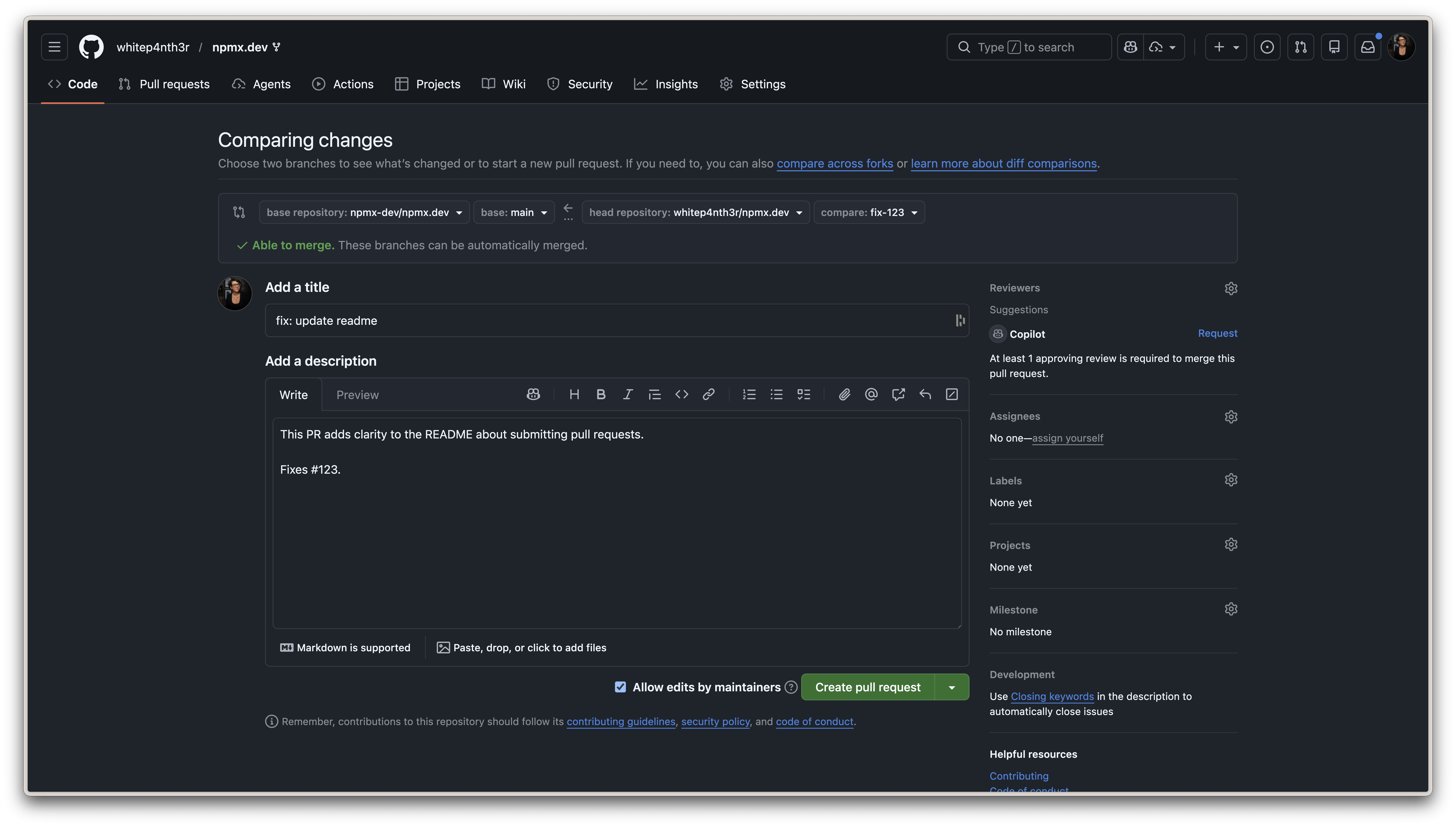 A PR title fix: update readme with the description: this PR adds clarity to the README about submitting pull requests, fixes #123.
