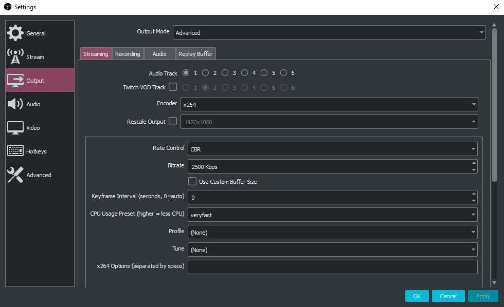 A screenshot of the output settings I use in OBS