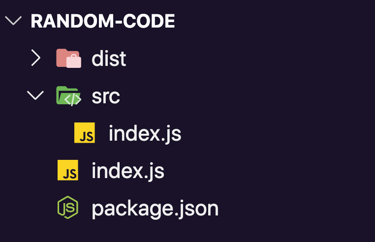 A screenshot of the folder tree in VS code showing the dist directory, src directory with index.js inside, and inside.js and package.json at the root