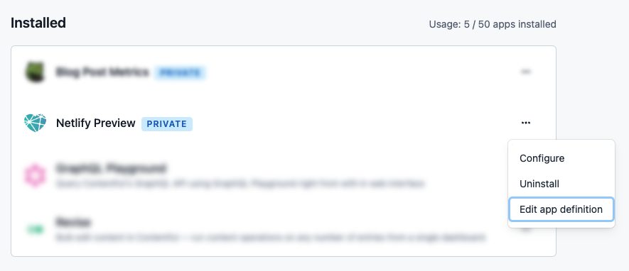 A screenshot of an installed app list from the app area in Contentful, showing the menu item 