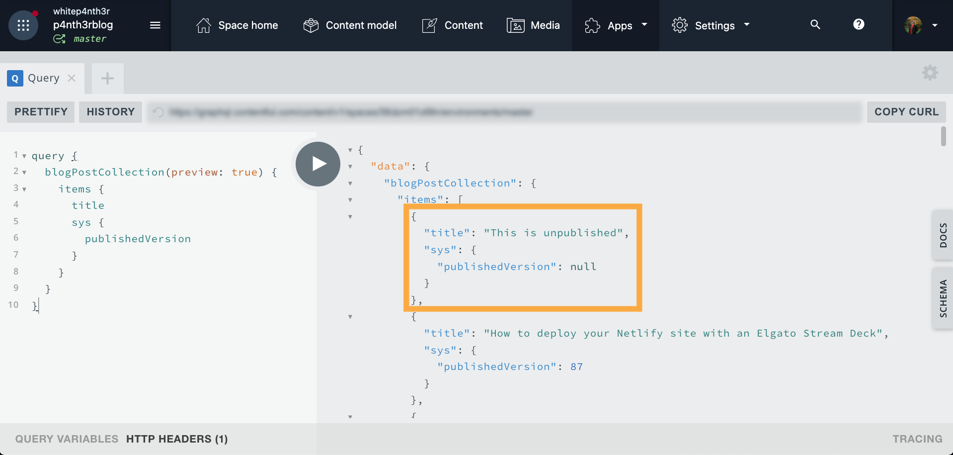 A screenshot from the Contentful GraphQL Playground app, showing a GraphQL response with an item that returns sys dot published version as null to confirm it is unpublished and we are receiving draft content using preview: true.