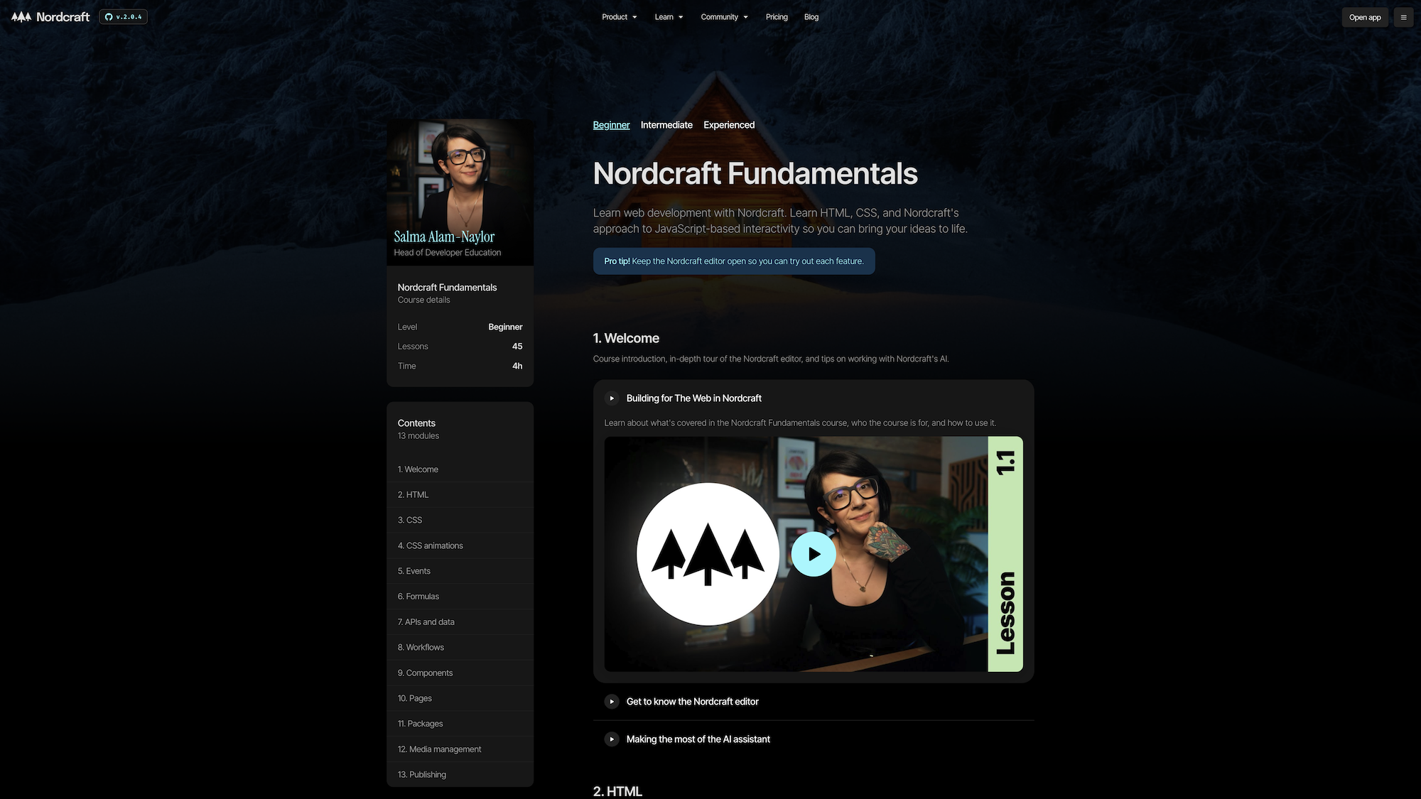 Screenshot of the Nordcraft Fundamentals page on nordcraft.com, showing my face at the top left, the outline of the course, and the first video is expanded showing the video thumbnail.
