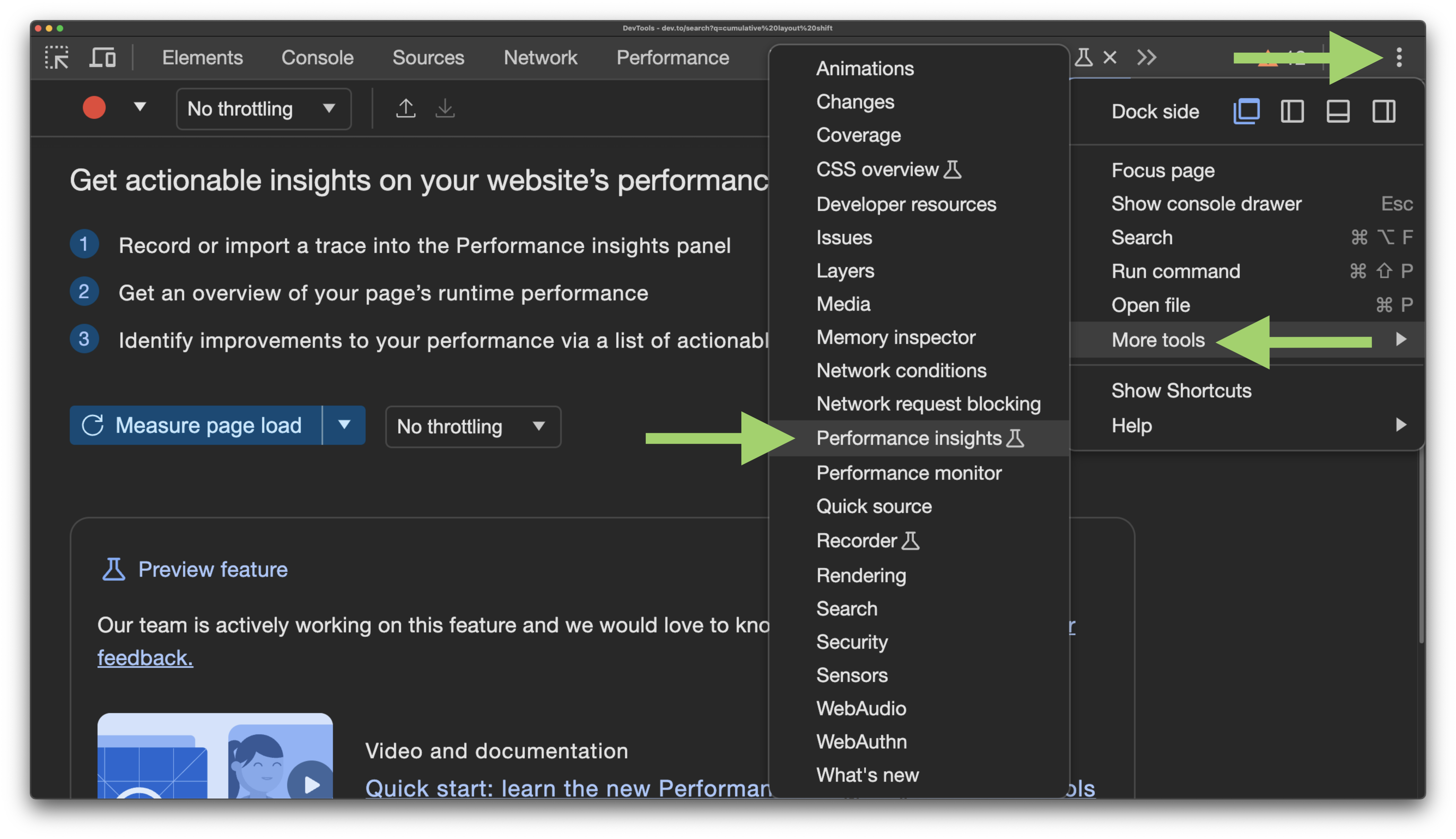 The more options menu is open in Chrome dev tools. An arrow is pointing to the three dot more options menu. Below that, a green arrow is pointing to the more tools item. Another menu is open to the left, and a green arrow is pointing to performance insights which has a little conical flask next to it, indicating experimental.
