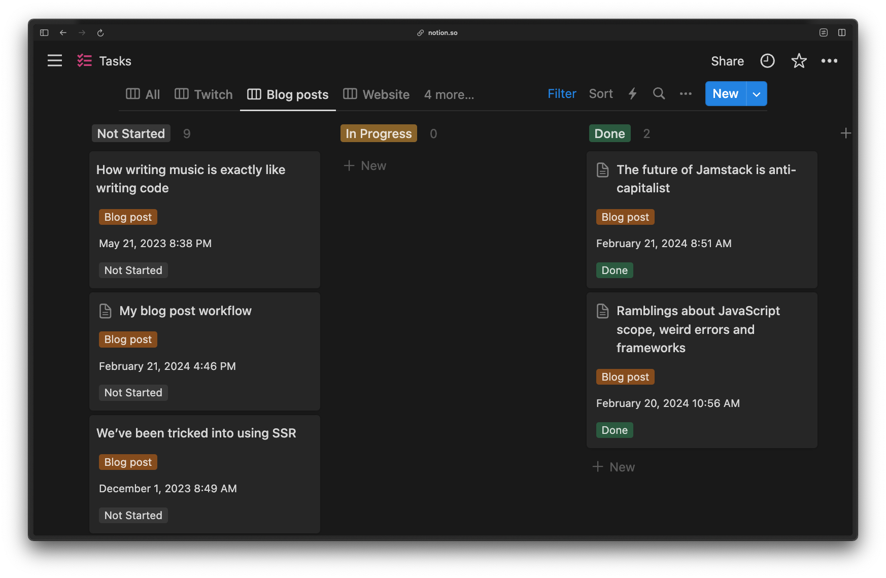 A list of blog posts in Notion, in the column view. There are three visible posts in the not started column, an empty in progress column, and two posts in the done column.