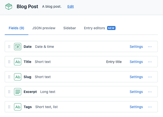 Screenshot of basic content type fields used in this tutorial