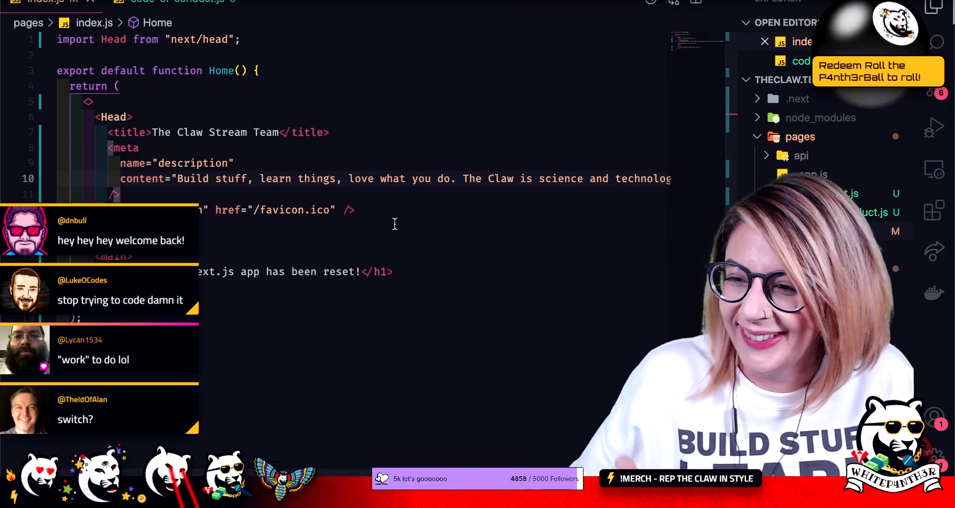 A screenshot from my Twitch stream, where I am looking to the left and smiling, with VSCode open in the background.