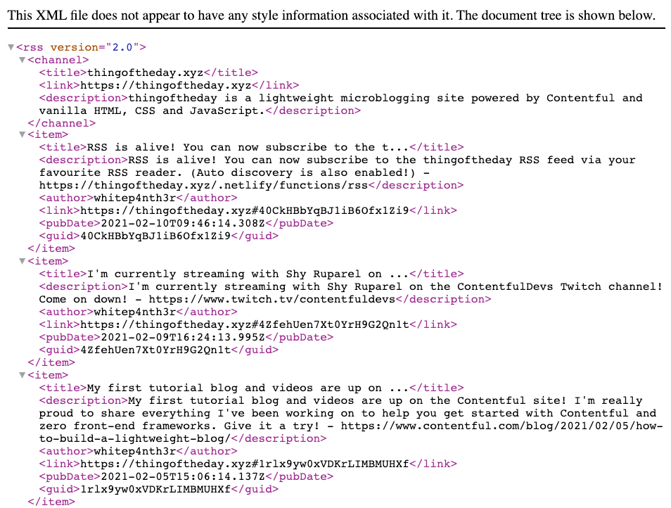 A screenshot of the XML feed for thingoftheday.xyz in the browser