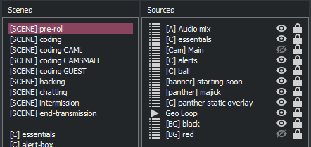 A screenshot of the pre-roll composite scene components in OBS