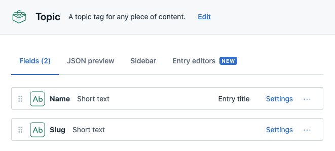 Screenshot of a Topic content type in Contentful, showing name and slug fields.