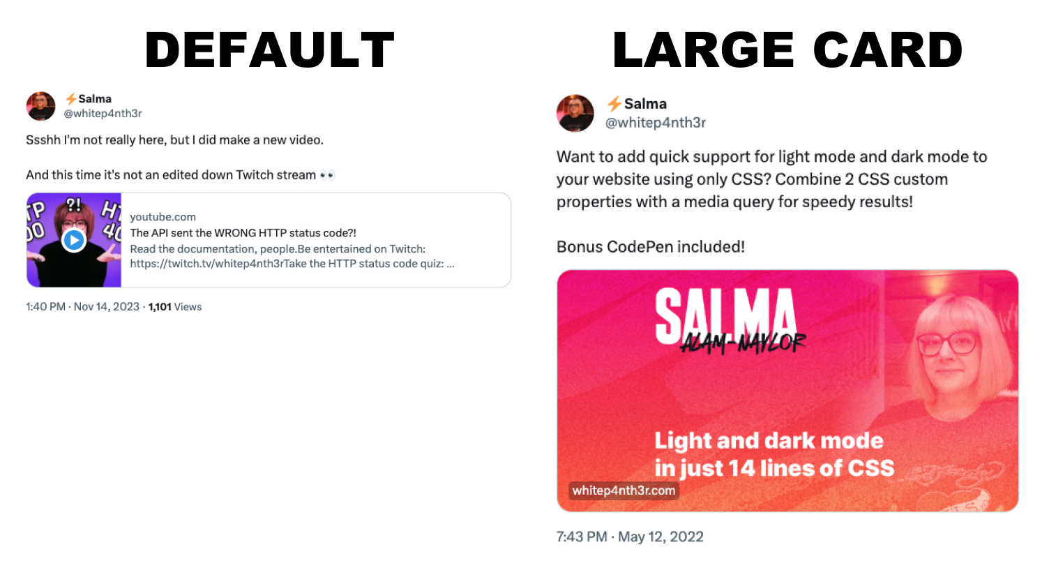 Two tweets side by side with link previews. On the left there is a default card showing a square image next to a title and meta description. On the right there is a summary large card link, which does not show title and meta description, just the open graph image.