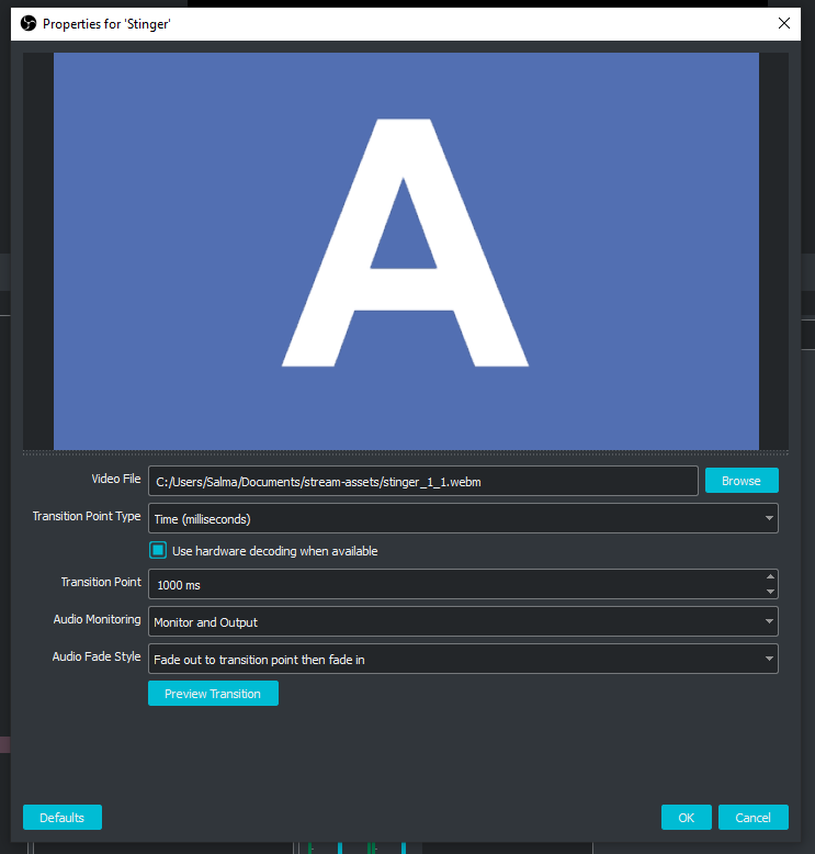A screenshot of the transition settings I use for my stream scenes in OBS