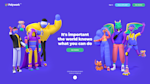 The Polywork homepage, showing six neomorphic colourful characters on a bright purple background. The headline in the middle reads
