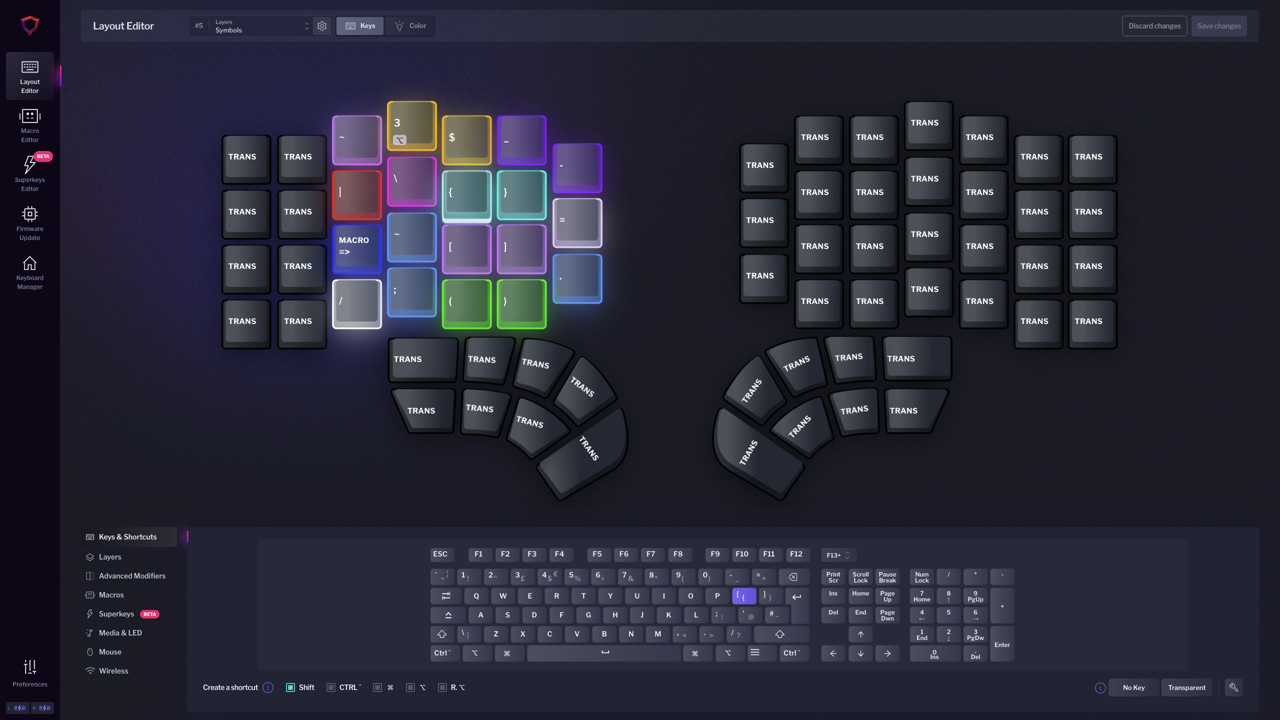 The layer 5 I configured for my Dygma defy. Details are described above.