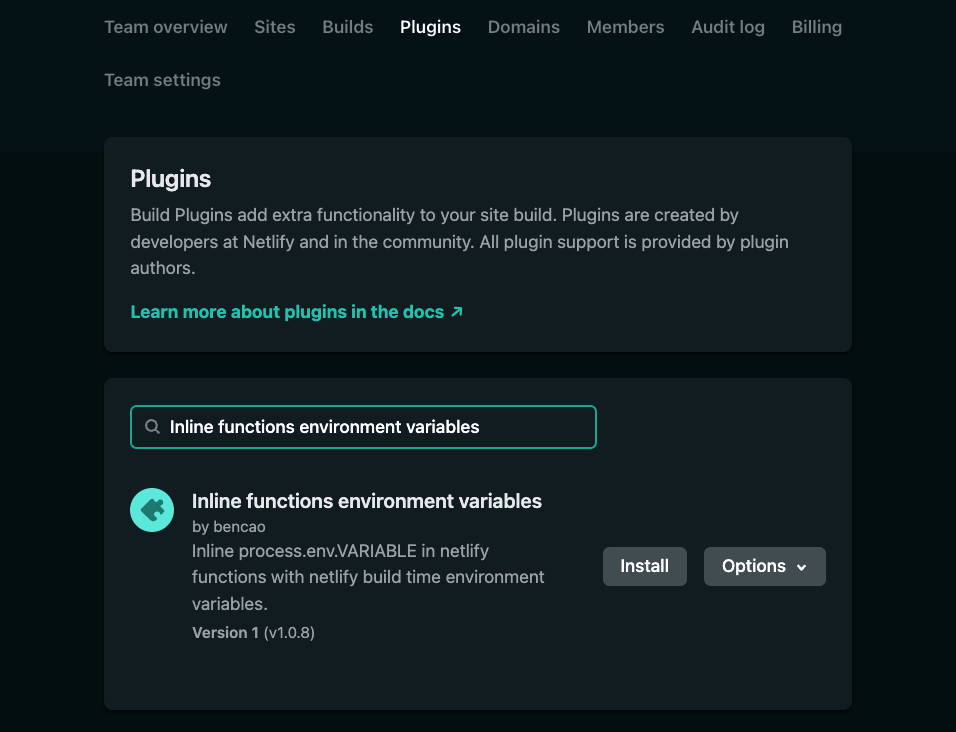 A screenshot of the Netlify UI showing the inline functions environment variables in the plugin list.