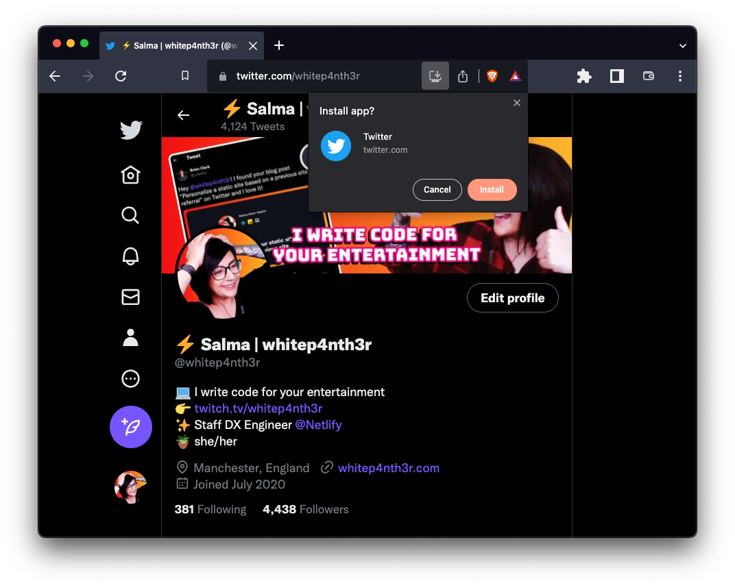 My Twitter profile in Brave browser, showing the install app popup available from the address bar, which asks you to confirm whether you want to install the Twitter PWA on that machine.