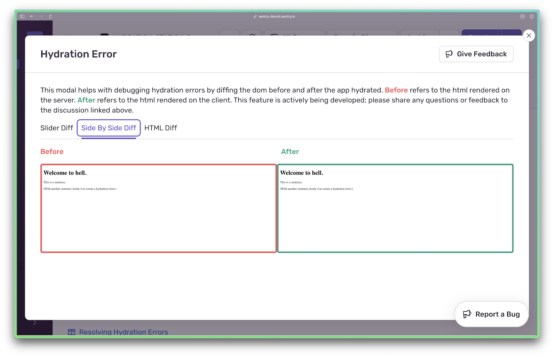 Hydration error side by side visual diff viewer, showing that the server rendered page is the same as the client rendered page.
