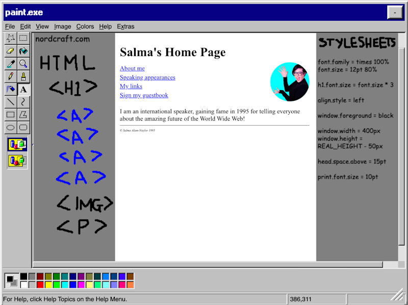 A screenshot of the toddle UI inside Microsoft Paint from 1995, showing a mock up of a home page that has the title Salma's Home Page, a list of blue links, and the following paragraph: I am an international speaker, gaining fame in 1995 for telling everyone about the amazing future of the World Wide Web!