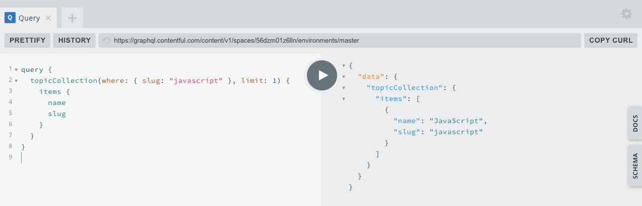 A screenshot of a topicCollection query by slug javascript in the GraphQL playground.