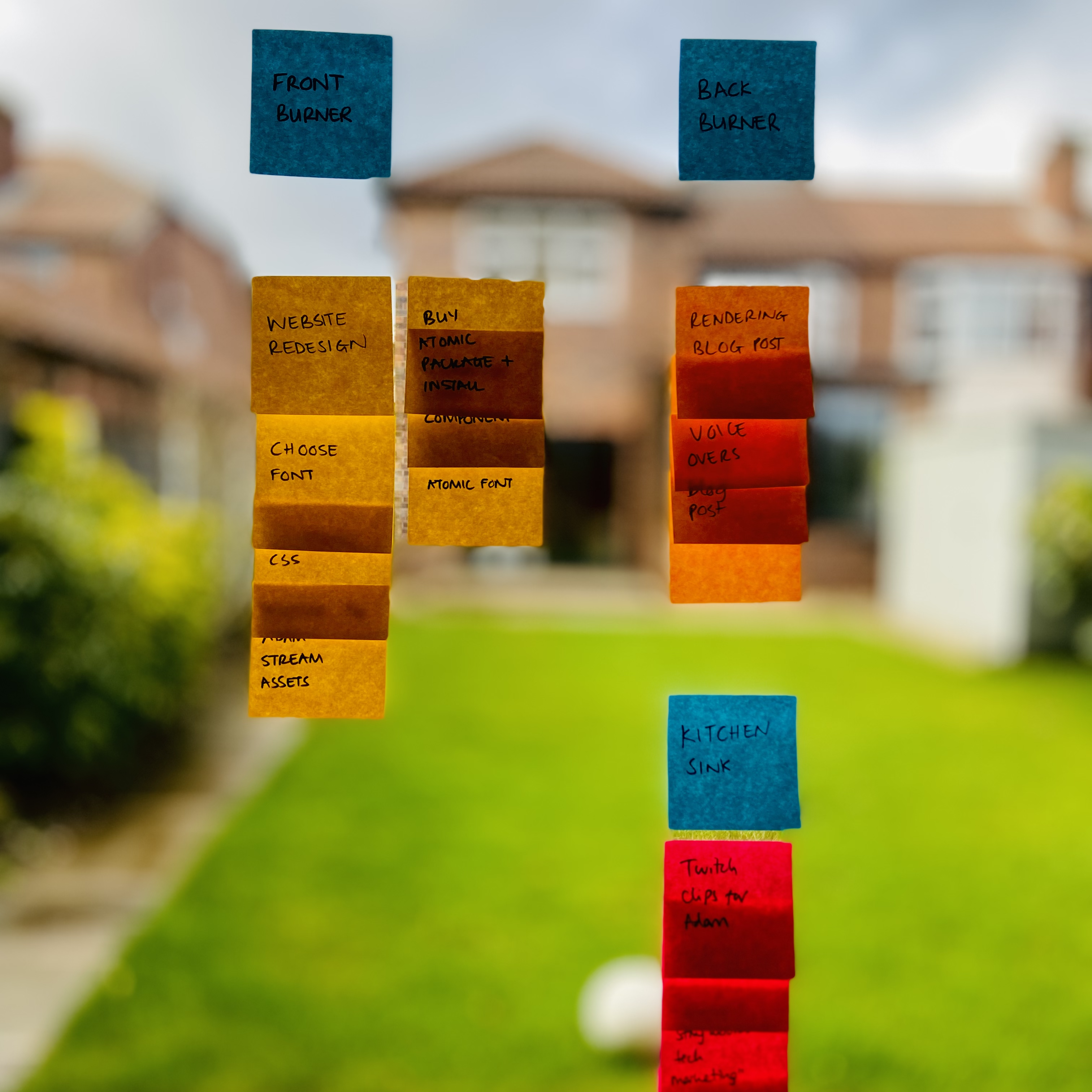 Photo of my burner list in colour coded post it notes on my window, with my garden out of focus in the background.