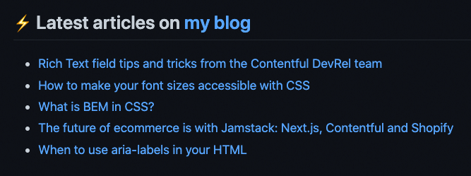 A screenshot from my GitHub profile README, showing the last five blog posts in a list.