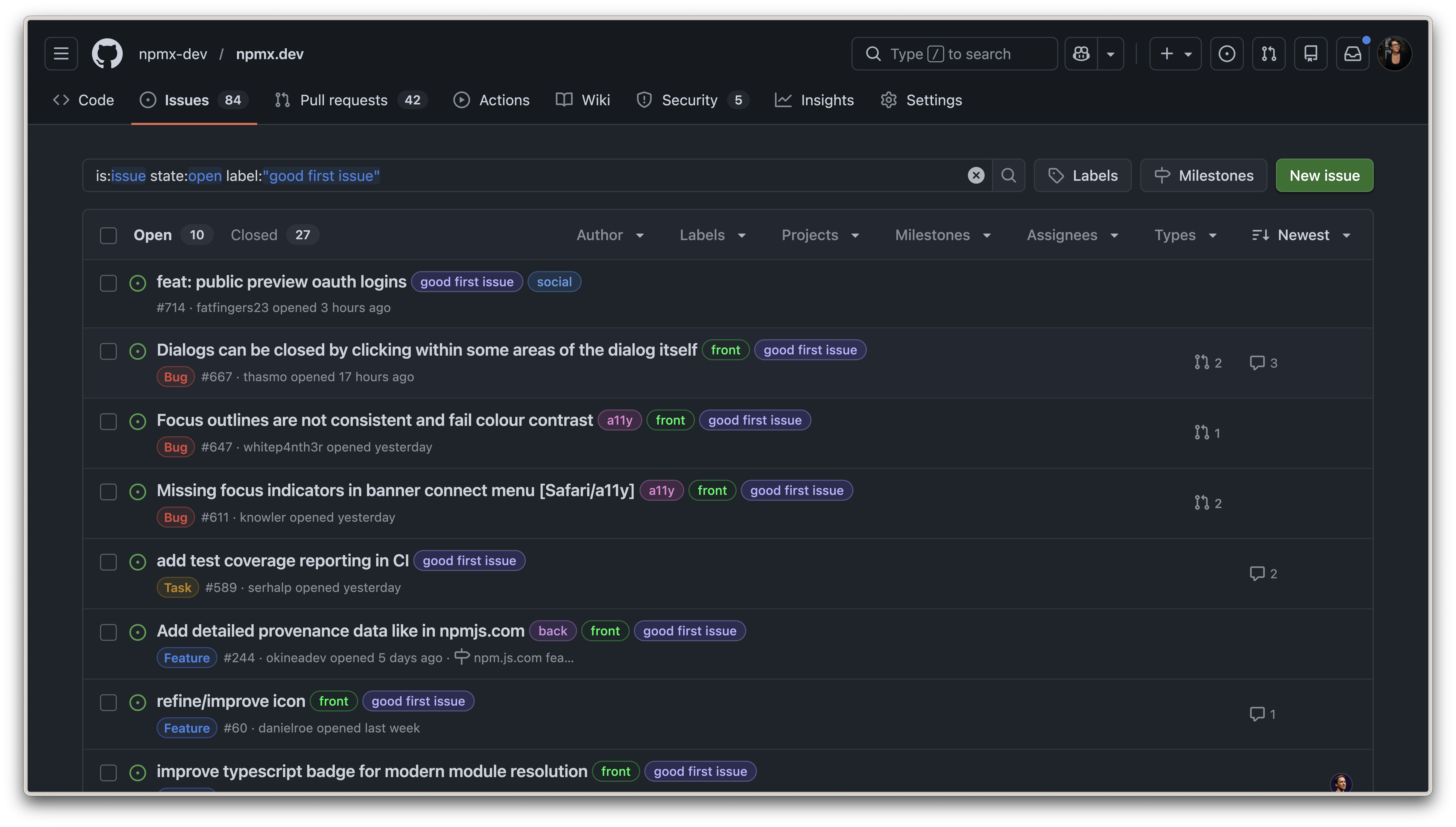 A list of issues labelled with good first issue on the npmx.dev project on GitHub. This view is achieved by using the filter options in the UI, and their configuration is represented as a text query in the search box at the top of the list.