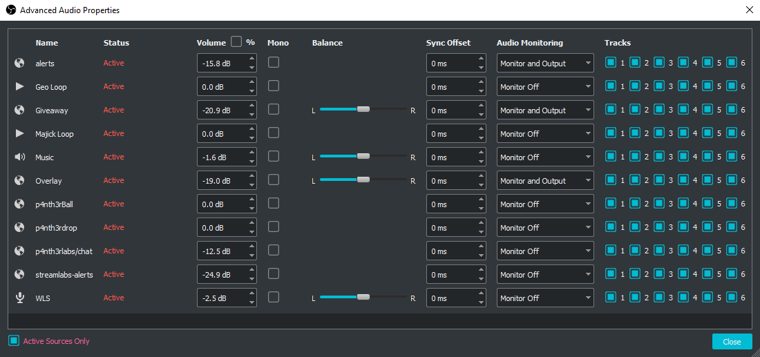 A screenshot showing the advanced audio mixer settings in OBS