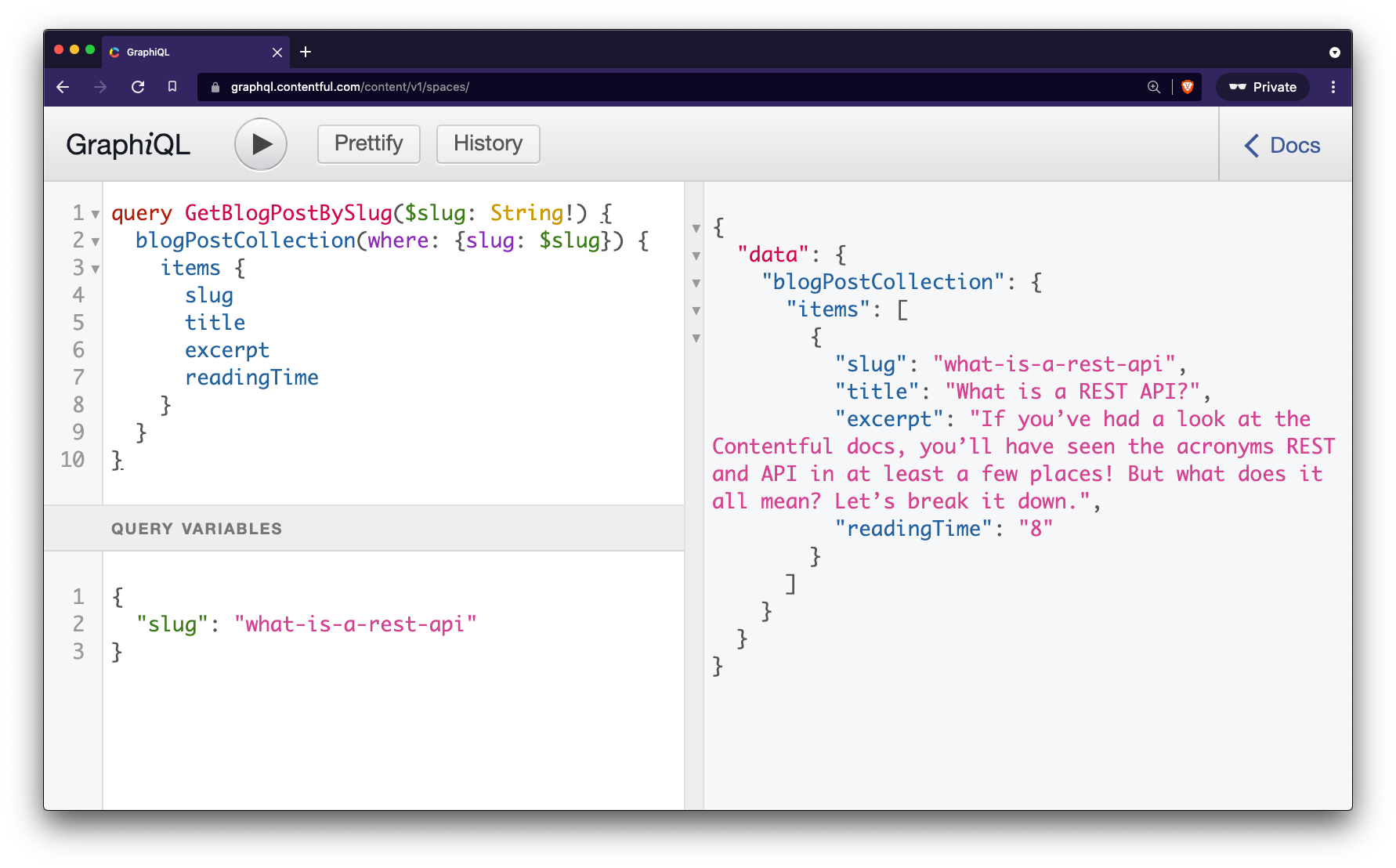 A screenshot of the GraphiQL explorer showing the slug variable used correctly, passed in via a separate query variables tab, and the data returned is the same as the previous query.