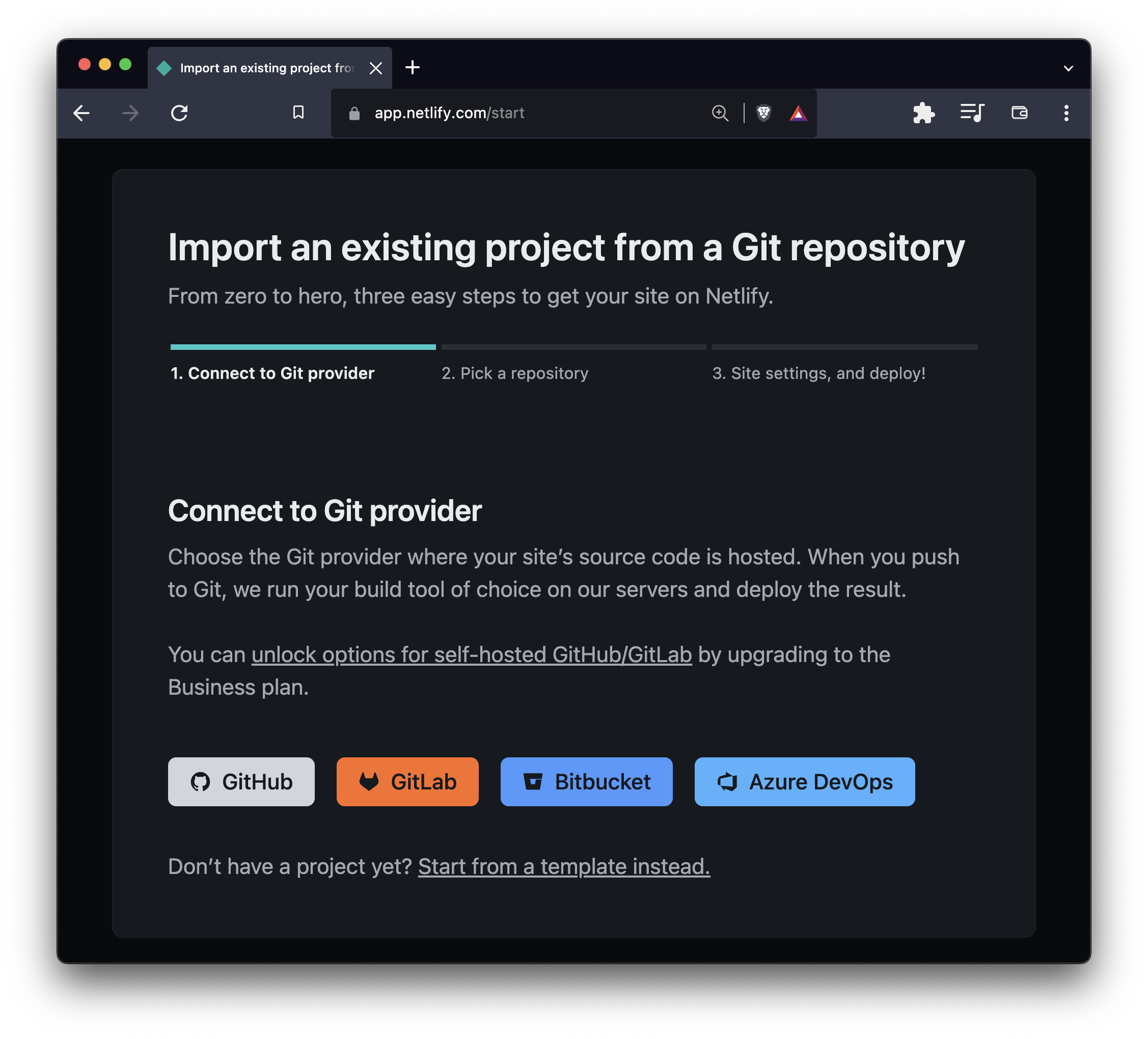 Import an existing project from a Git repository, showing buttons to connect GitHub, GitLab, Bitbucket and Azure DevOps