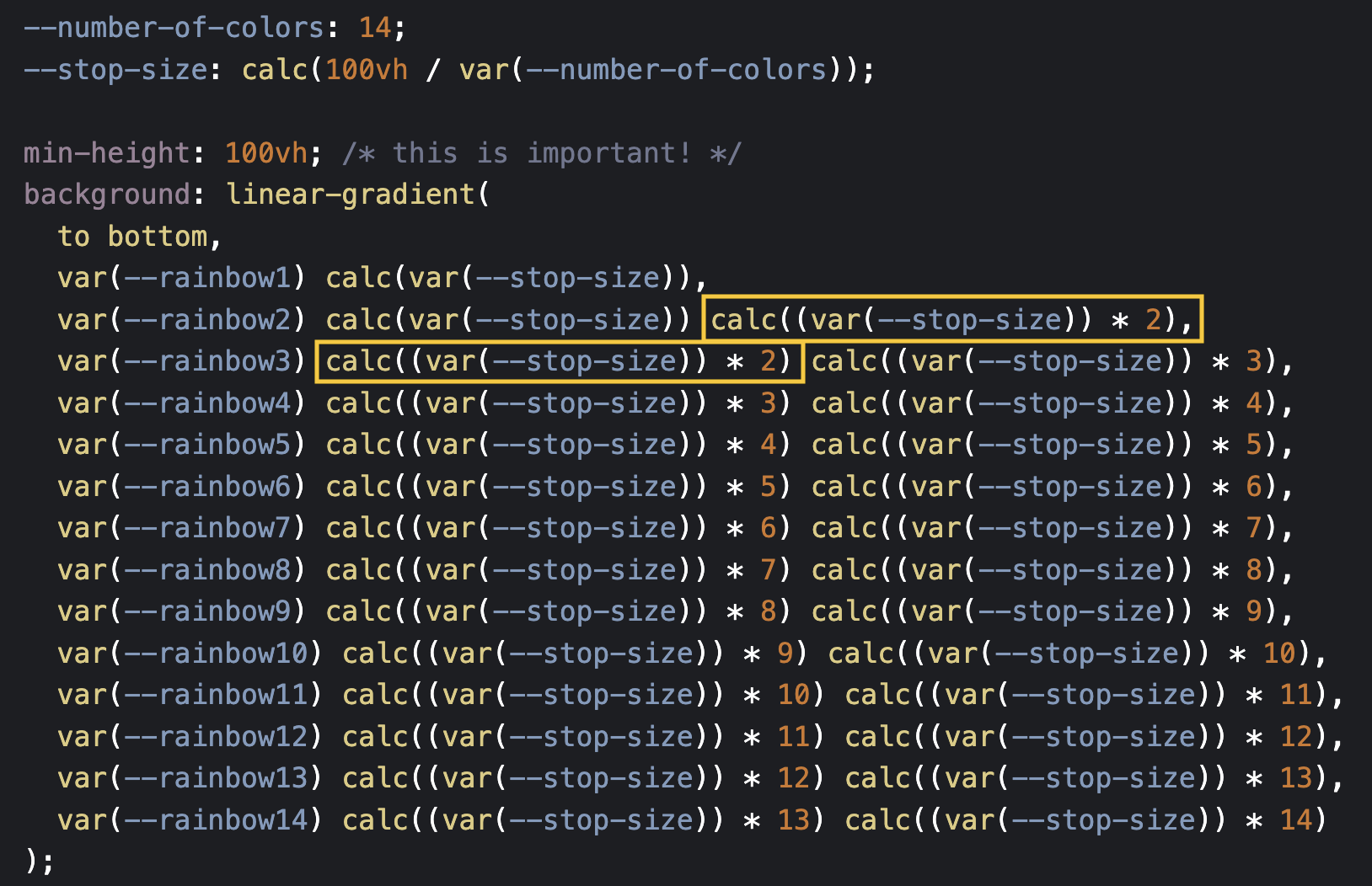 Screenshot of the CSS code using custom properties, showing that the end stop of the second colour is the same as the start stop of the third colour.