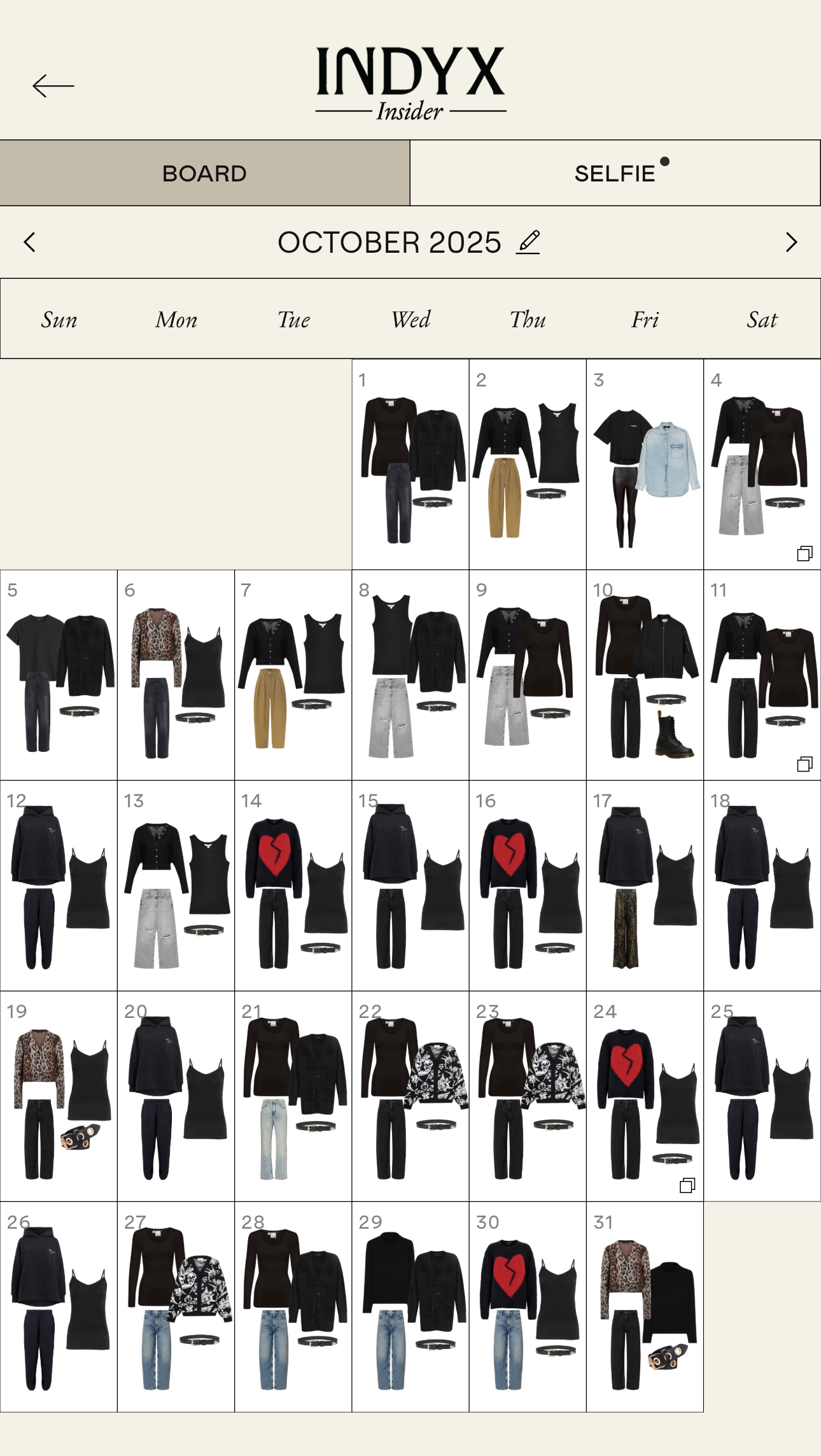 Screenshot from the calendar part of the Indyx app, showing all the base outfits I wore in October 2025.
