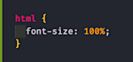 A CSS example showing font-size 100% set on the HTML tag.