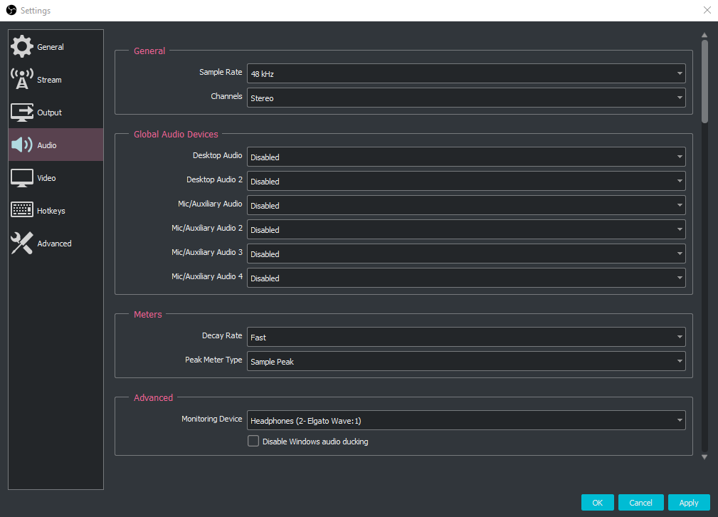 A screenshot showing the global audio settings I use in OBS