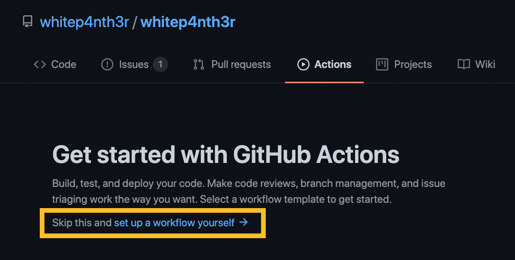 A screenshot of the GitHub UI showing a link to set up a workflow yourself after clicking on the Actions tab in the UI.