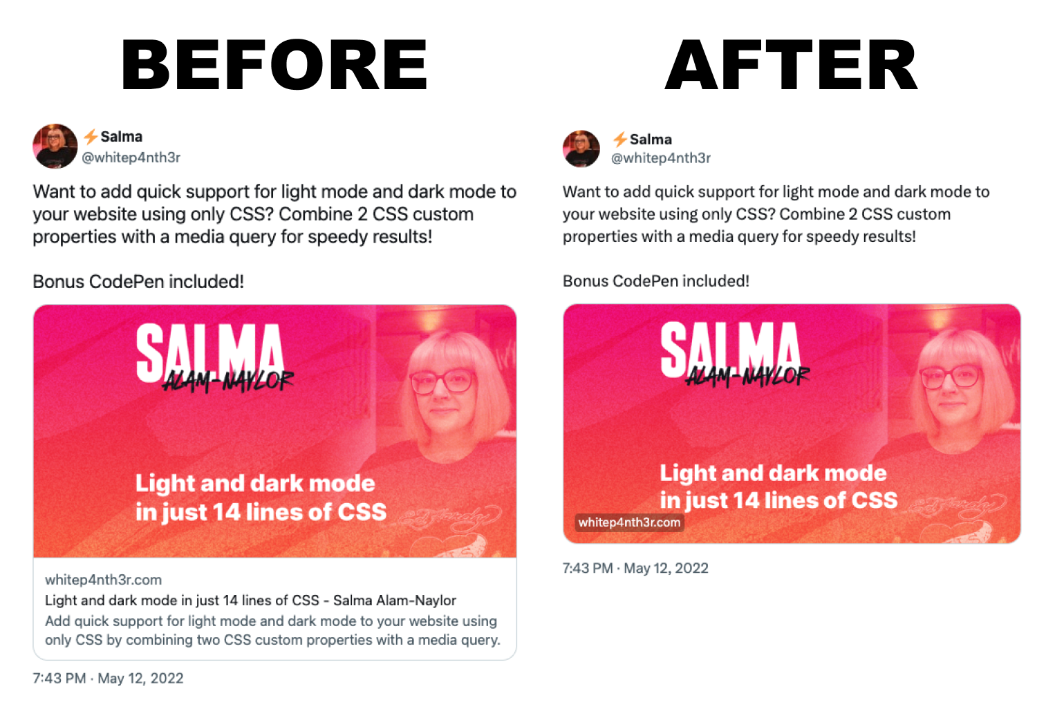 Two tweets side by side showing the same link to a blog post. The before shows that the title and meta description are below the large image. The after shows there is no title and meta description displayed.