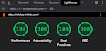 A lighthouse report showing a score of 100 for performance, accessibility, best practises and SEO.