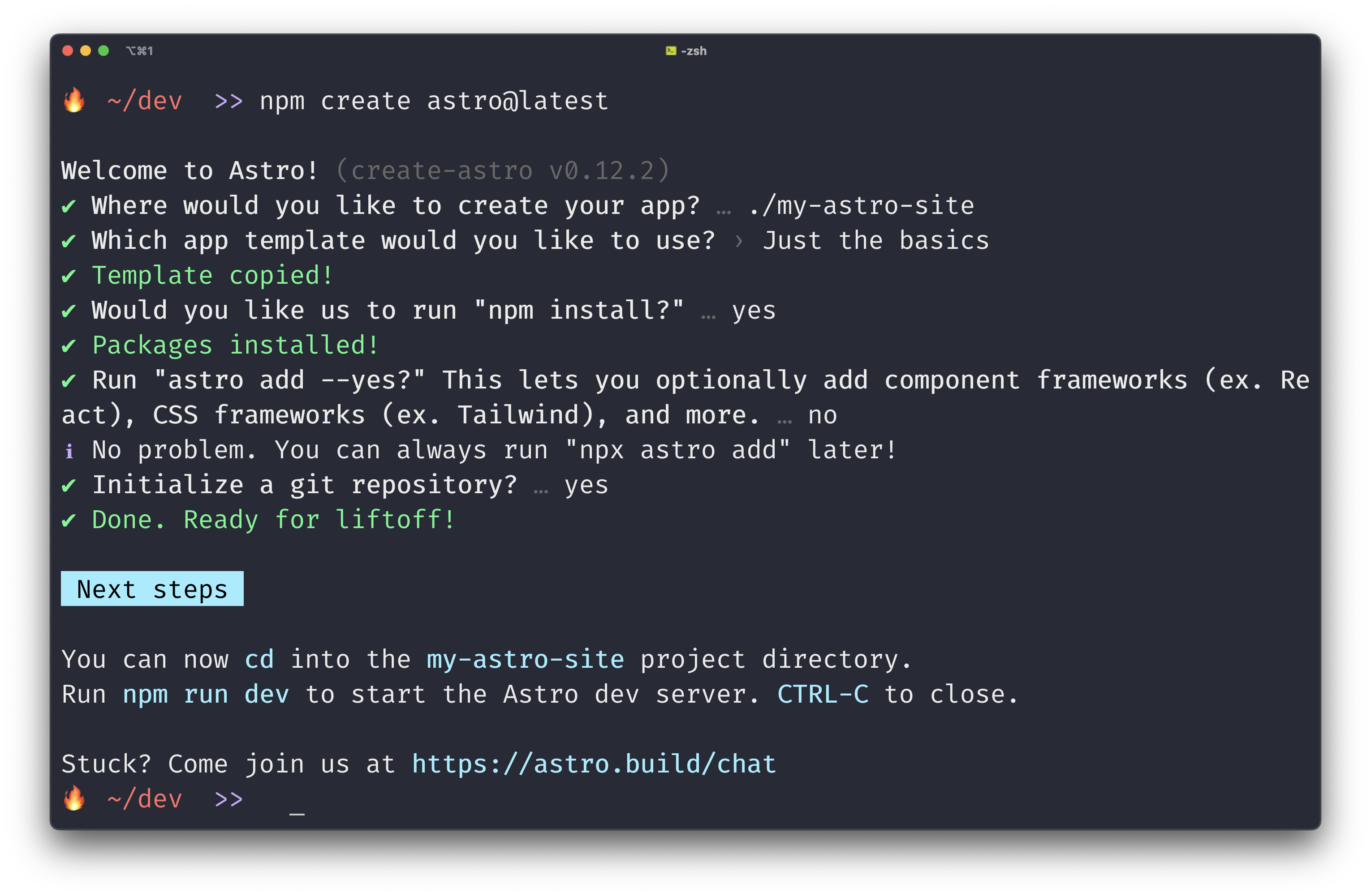 A terminal window showing a freshly created Astro project using the Astro CLI. The latest instructions are to cd into the new project directory and run npm run dev.