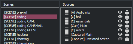 A screenshot showing the components that make up my coding composite scene in OBS