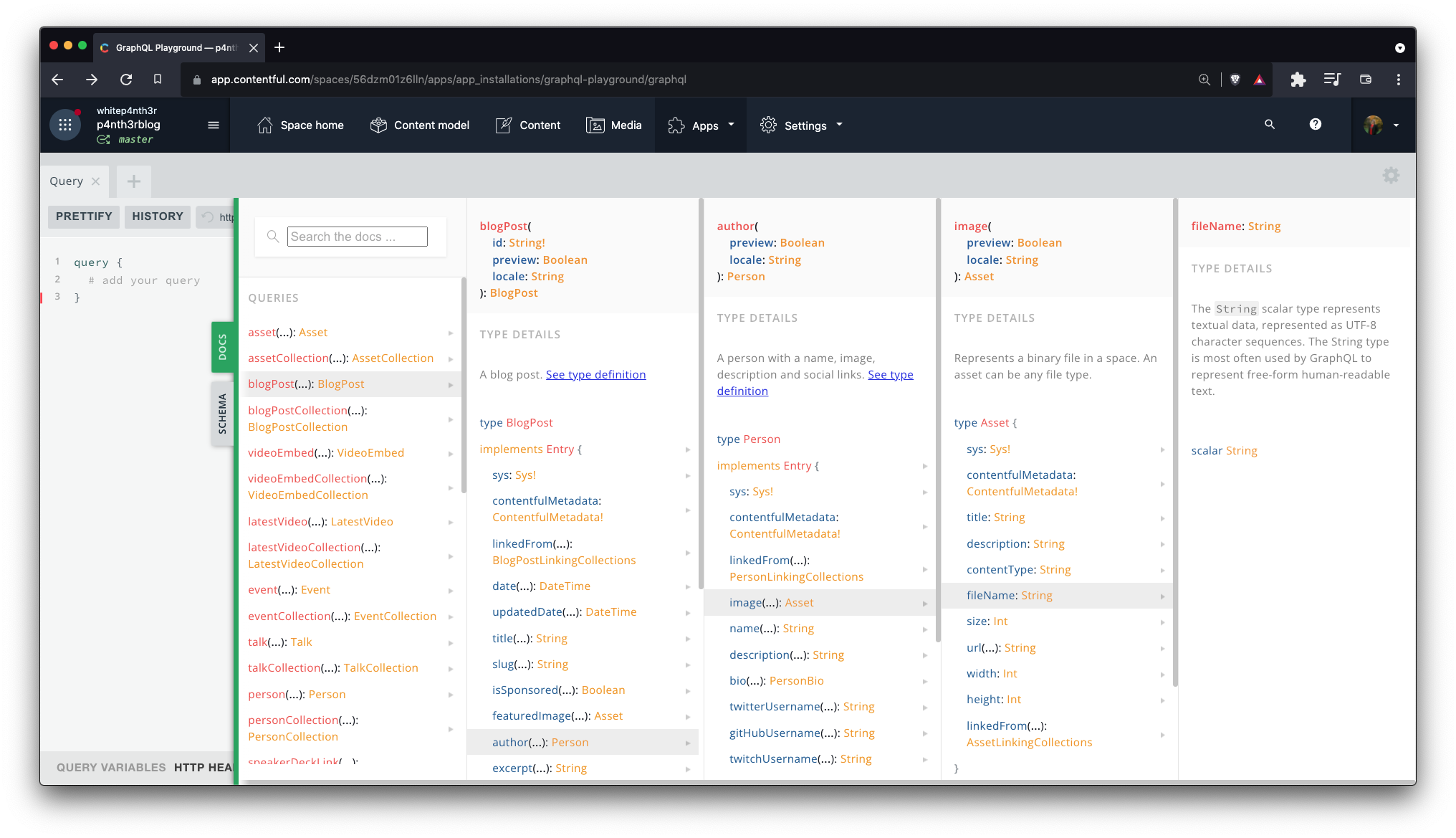 A screenshot of the GraphQL playground in Contentful, showing the docs tabs open, showing the connection between objects or nodes in the GraphQL schema. In this particular example, a blogPost node contains an author node, which contains an image node, which contains a fileName of type String.