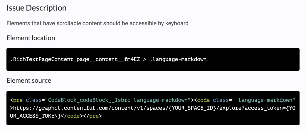 A screenshot showing an axe accessibility tool issue description of scrollable content failure