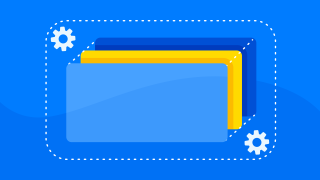 An illustration of blue and yellow rectangles on a blue background, representing application layers, with some wheel cogs in the top left and bottom right corners.